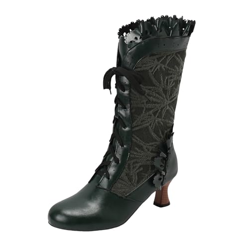 Xbemkste Damen Lange Stiefel mit Absatz Runde Zehe Mittelhoch Schnürstiefel Vintage Spitze Westernstiefel Langschaft Winterstiefel Elegant Damenstiefel Halbstiefel (Green, 38.5) von Xbemkste