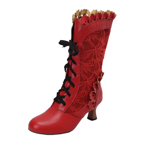 Xbemkste Damen Lange Stiefel mit Absatz Runde Zehe Mittelhoch Schnürstiefel Vintage Spitze Westernstiefel Langschaft Winterstiefel Elegant Damenstiefel Halbstiefel (Red, 37.5) von Xbemkste