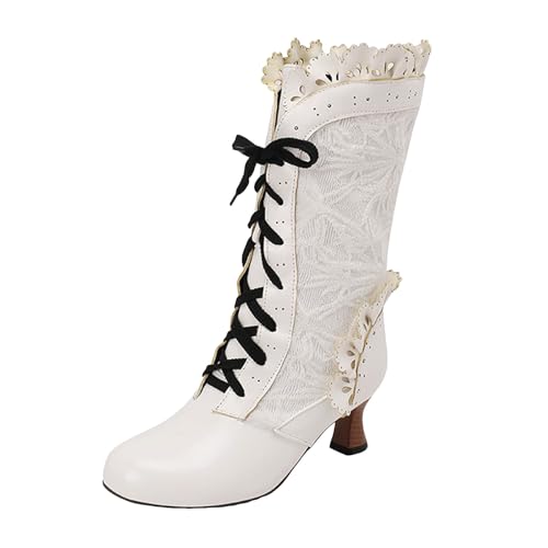 Xbemkste Damen Lange Stiefel mit Absatz Runde Zehe Mittelhoch Schnürstiefel Vintage Spitze Westernstiefel Langschaft Winterstiefel Elegant Damenstiefel Halbstiefel (White, 37) von Xbemkste
