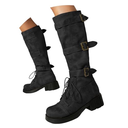 Xbemkste Damen Langschaft Stiefel mit Absatz Gürtelschnalle Schnürstiefel Runde Zehe Kniehohe Boots Vintage Lange Stiefel Hohe Damenstiefel Übergangsstiefel Winterstiefel (37.5) von Xbemkste