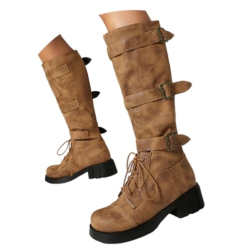 Xbemkste Damen Langschaft Stiefel mit Absatz Gürtelschnalle Schnürstiefel Runde Zehe Kniehohe Boots Vintage Lange Stiefel Hohe Damenstiefel Übergangsstiefel Winterstiefel (Yellow, 37.5) von Xbemkste