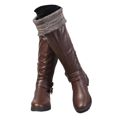 Xbemkste Damen Langschaftstiefel mit Reißverschluss Runde Zehe Weitschaftstiefel Rutschsicher Kniehohe Stiefel Elegant Hohe Boots warm Winterstiefel Cowboystiefel Damenstiefel (Coffee, 40.5) von Xbemkste