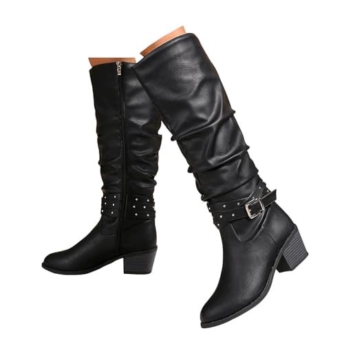 Xbemkste Damen Langschaftstiefel mit Reißverschluss Western Cowboystiefel Weitschaftstiefel Rutschsicher Kniehohe Stiefel Hohe Boots Winterstiefel Elegant Damenstiefel (38.5) von Xbemkste