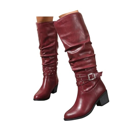 Xbemkste Damen Langschaftstiefel mit Reißverschluss Western Cowboystiefel Weitschaftstiefel Rutschsicher Kniehohe Stiefel Hohe Boots Winterstiefel Elegant Damenstiefel (40.5) von Xbemkste