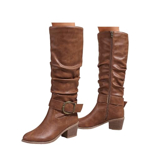 Xbemkste Damen Langschaftstiefel mit Reißverschluss Western Cowboystiefel Weitschaftstiefel Rutschsicher Kniehohe Stiefel Hohe Boots Winterstiefel Elegant Damenstiefel (Coffee, 41) von Xbemkste