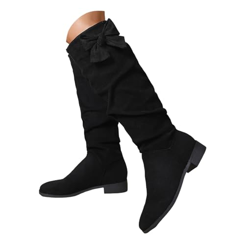 Xbemkste Damen Langschaftstiefel mit Schleife Blockabsatz Gekräuselt Weitschaftstiefel Schnürstiefel Vintage Kniehohe Boots Westernstiefel Übergangsstiefel (37) von Xbemkste