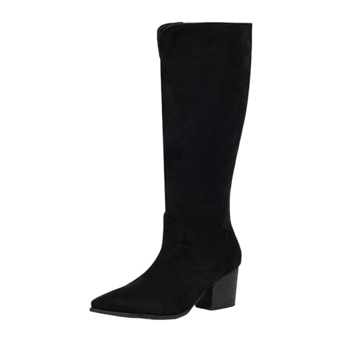 Xbemkste Damen Langschaftstiefel mit seitlicher Reißverschluss Kniehohe Boots mit Blockabsatz Spitze Zehe Hohe Damenstiefel Winterstiefel Einfache Weitschaftstiefel (40.5) von Xbemkste