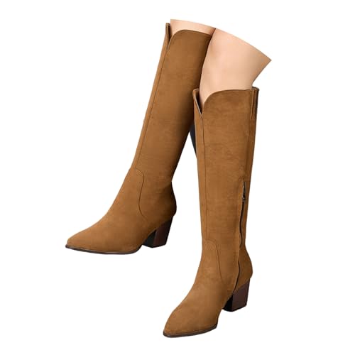 Xbemkste Damen Langschaftstiefel mit seitlicher Reißverschluss Kniehohe Boots mit Blockabsatz Spitze Zehe Hohe Damenstiefel Winterstiefel Einfache Weitschaftstiefel (Brown, 40) von Xbemkste