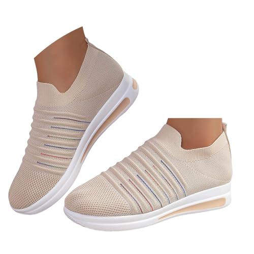 Xbemkste Damen Laufschuhe Leichtgewichts Sneakers Atmungsaktive Mesh Sportschuhe Slip On Walkingschuhe Bequeme Outdoor Fitness Schuhe (Beige, 40.5) von Xbemkste