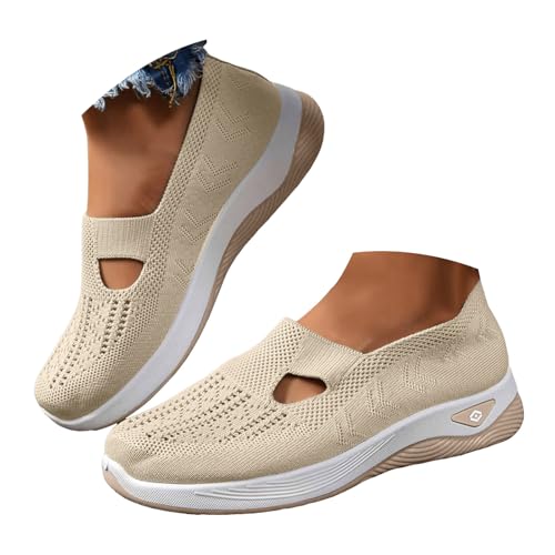 Xbemkste Damen Laufschuhe Turnschuhe Bequeme Leichte Sportschuhe Outdoor Fitness Schuhe Atmungsaktiv Mesh Sneaker rutschfest Walkingschuhe (T-1-Beige, 38.5) von Xbemkste
