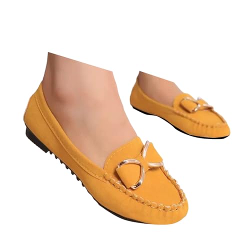 Xbemkste Damen Loafer Flach Schuhe mit Schleifenbesatz Slip-On Freizeitschuhe Bequeme Mokassins Slippers Leichte Schlupfschuhe Walkingschuhe Elegant Arbeitschuhe (Yellow, 38.5) von Xbemkste