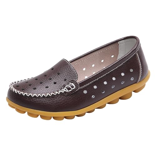 Xbemkste Damen Loafer aus Atmungsaktivem Leder Damen Slippers Klassische Mokassins Lässige Slip-On Flache Loafers Leichte Lederschuhe Bequeme Weiche Sohle Freizeitschuhe (Coffee, 40.5) von Xbemkste