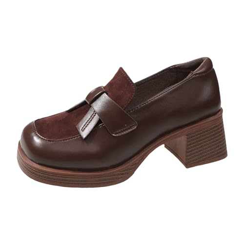 Xbemkste Damen Loafer mit Absatz Klassische Mokassins Slippers Elegant Damenschuhe Slip On Schuhe Bequeme Halbschuhe Walkingschuhe Schlupfschuhe Business-Schuhe für Büro,Alltag (Brown, 37.5) von Xbemkste