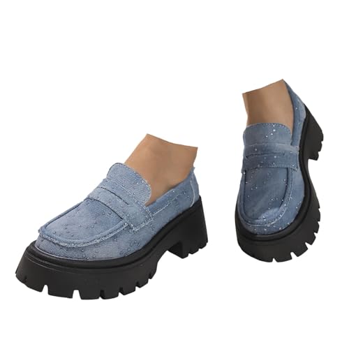Xbemkste Damen Loafer mit Absatz mit Plateausohle Damen Slipper mit Blockabsatz Bequeme Mokassins Schuhe Slip On Freizeitschuhe Halbschuhe Schlupfschuhe (Light Blue, 36) von Xbemkste