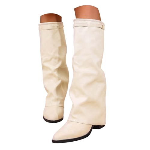Xbemkste Damen Mittelhoch Stiefel mit Absatz Elegant Schlupfstiefel Spitze Zehe Halbstiefel Wildleder Lange Stiefel Winterstiefel Hohe Damenstiefel Kniehohe Boots (Beige, 41) von Xbemkste