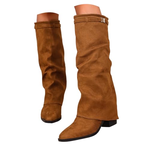 Xbemkste Damen Mittelhoch Stiefel mit Absatz Elegant Schlupfstiefel Spitze Zehe Halbstiefel Wildleder Lange Stiefel Winterstiefel Hohe Damenstiefel Kniehohe Boots (Brown, 37) von Xbemkste