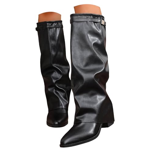 Xbemkste Damen Mittelhoch Stiefel mit Absatz Elegant Schlupfstiefel Spitze Zehe Halbstiefel aus Leder Lange Stiefel Winterstiefel Hohe Damenstiefel Wasserdicht Boots (38.5) von Xbemkste