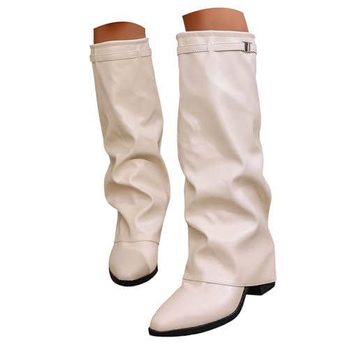 Xbemkste Damen Mittelhoch Stiefel mit Absatz Elegant Schlupfstiefel Spitze Zehe Halbstiefel aus Leder Lange Stiefel Winterstiefel Hohe Damenstiefel Wasserdicht Boots (White, 37.5) von Xbemkste