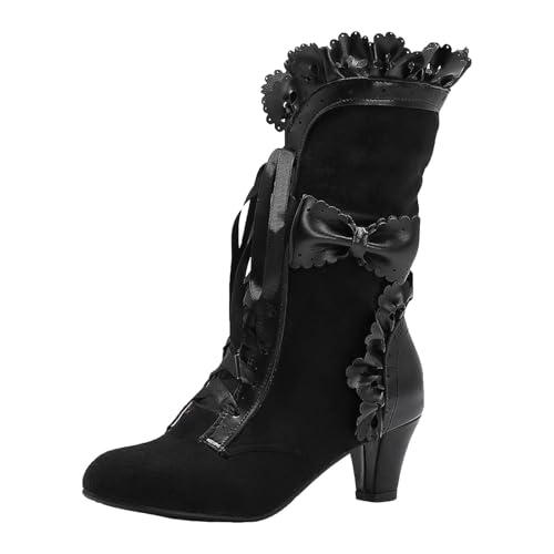 Xbemkste Damen Mittelhoch Stiefel mit Absatz Elegant Schnürstiefel mit Schleife Runde Zehe Western Cowboystiefel Bequeme Halbstiefel Winterstiefel Langschaft Damenstiefel (40) von Xbemkste