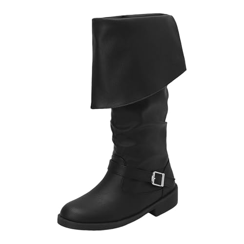 Xbemkste Damen Mittelhoch Stiefel mit Revers Gürtelschnalle Runde Zehe aus Leder Schlupfen Langschaftstiefel Halbschaft Boots Elegant Damenstiefel Wasserdticht Winterstiefel (38.5) von Xbemkste