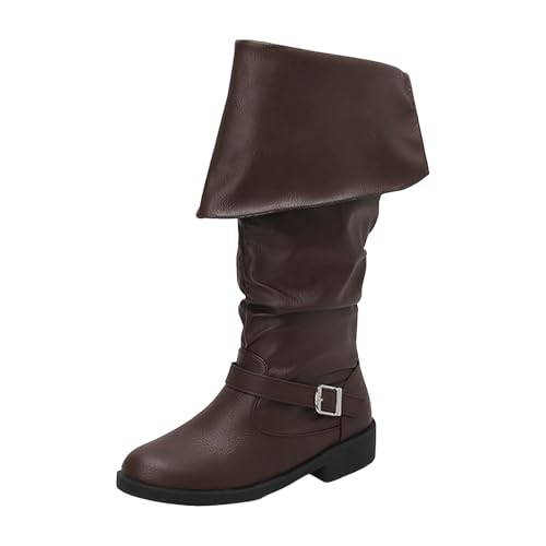 Xbemkste Damen Mittelhoch Stiefel mit Revers Gürtelschnalle Runde Zehe aus Leder Schlupfen Langschaftstiefel Halbschaft Boots Elegant Damenstiefel Wasserdticht Winterstiefel (Brown, 37) von Xbemkste