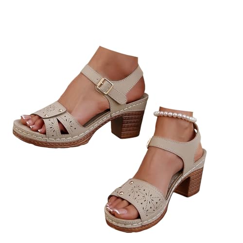 Xbemkste Damen Niedriger Absatz Sandalen mit Verstellbare Schnalle Offene Zehen Elegant Sommersandalen Damen High Heels Schuhe für Alltag,Party (T2-White, 39) von Xbemkste