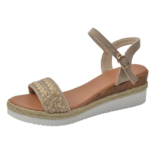 Xbemkste Damen Plateau Sandalen Pantoletten, Slip on Hausschuhe, Bequeme Strandsandalen Clogs, Freizeit Knöchelriemen Keilsandalen, Vintage Wedges Plateau Sandalen mit Korkfußbet (Beige, 40) von Xbemkste