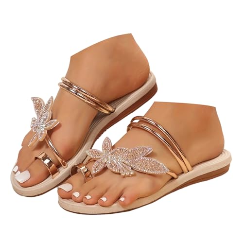 Xbemkste Damen Sandalen Bequeme Big Toe Hallux Valgus Flache Zehentrenner Pantolette Weichen Sohlen Sandaletten Flip Flops Freizeit Strandsandalen mit Blumen Strass (Gold, 40) von Xbemkste