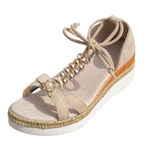 Xbemkste Damen Sandalen Bohemian Plateau Sandaletten mit Strass Perlen Espadrilles Ankle Elastic Sommersandalen Offene Zehen Strandsandalen (C-1-Beige, 37.5) von Xbemkste