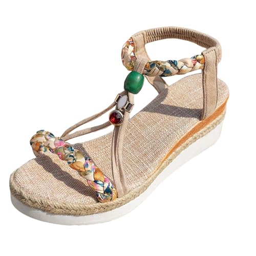 Xbemkste Damen Sandalen Bohemian Plateau Sandaletten mit Strass Perlen Espadrilles Ankle Elastic Sommersandalen Offene Zehen Strandsandalen (C-2-Beige, 36) von Xbemkste