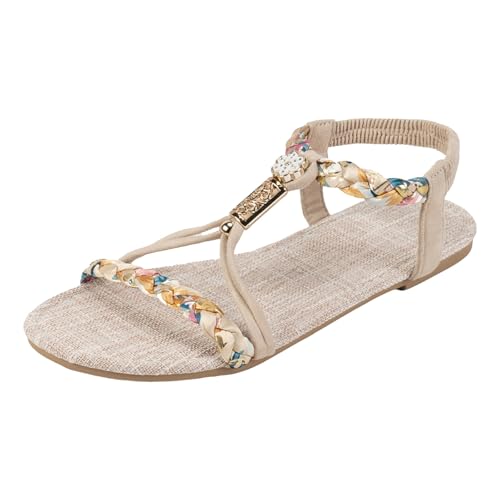 Xbemkste Damen Sandalen Bohemian Sommersandalen Flach mit Strass Perlen Strandsandale Ankle Elastic Sandaletten Schöne Strick Sandaletten (Beige, 40.5) von Xbemkste