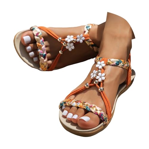 Xbemkste Damen Sandalen Bohemian Sommersandalen Flach mit Strass Perlen Strandsandale Schöne Strick Sandaletten Ankle Elastic Sandaletten (Orange, 39) von Xbemkste