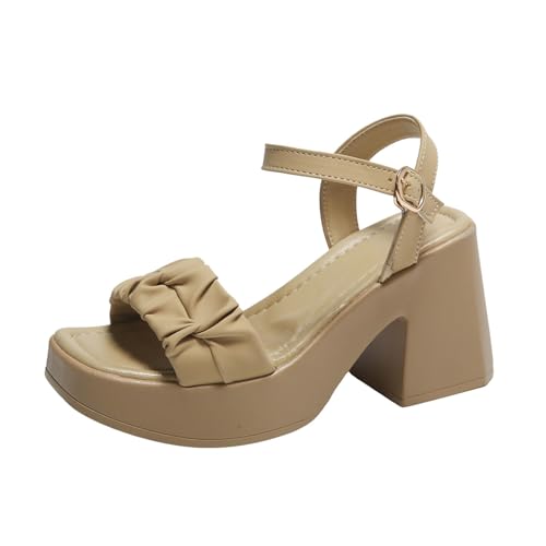 Xbemkste Damen Sandalen Chunky Absatz Dicke Unterseite mit Verstellbare Schnalle Pumps Offenem Zehen Sandaletten Modische Kleid-Sandalen Blockabsatz Damenschuhe (Khaki, 38.5) von Xbemkste