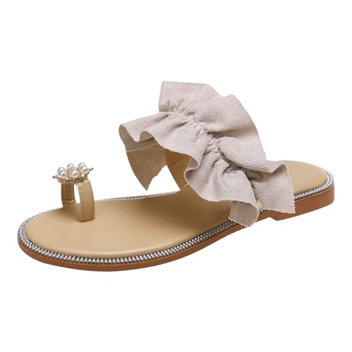 Xbemkste Damen Sandalen Flach Hallux Valgus mit Perlen Zehensandalen Glitzer Flip Flops Bequem Flache Strandsandalen Elegant Slides (Beige, 40.5) von Xbemkste