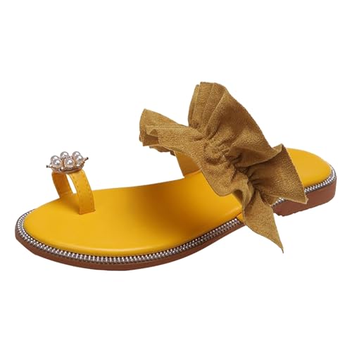 Xbemkste Damen Sandalen Flach Hallux Valgus mit Perlen Zehensandalen Glitzer Flip Flops Bequem Flache Strandsandalen Elegant Slides (Yellow, 40.5) von Xbemkste