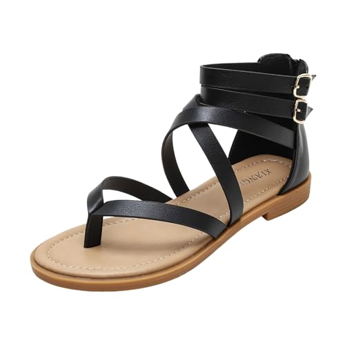 Xbemkste Damen Sandalen Niedriger Absatz Kreuzriemen Römer Zehensandalen mit Verstellbare Schnalle Hinten mit Reißverschluss Zehenstegsandalen Vintage Sandaletten (Black, 38.5) von Xbemkste