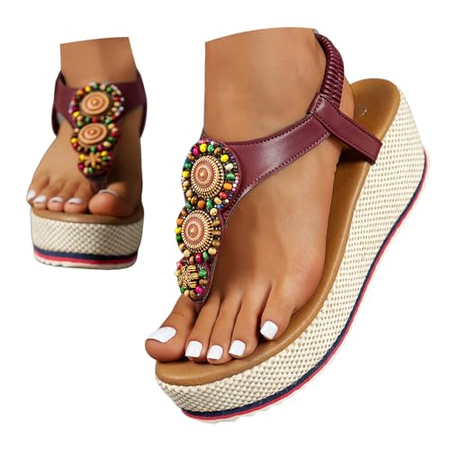 Xbemkste Damen Sandalen Plateau Keilsandalen Espadrilles Bohemian Zehentrenner Ankle Elastic Zehensandalen Sommer Flip Flops mit Strass Perlen (41) von Xbemkste