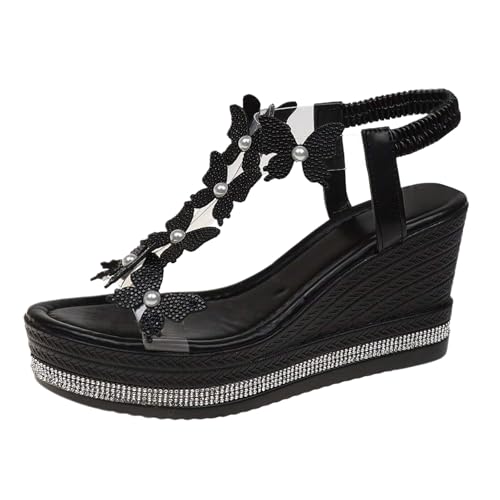 Xbemkste Damen Sandalen Plateau mit Keilabsatz Sandaletten mit Schmetterling Strass Elegant High Heels Sandaletten Ankle Elastic Sommersandalen (38.5) von Xbemkste