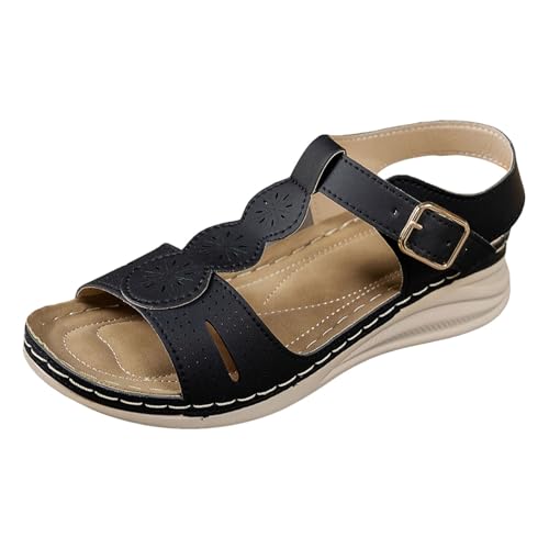 Xbemkste Damen Sandalen Plateau mit Verstellbare Schnalle Sandaletten Bequeme Weiche Sohle StrandSchuhe Rutschfeste Sandalen (Black, 40.5) von Xbemkste