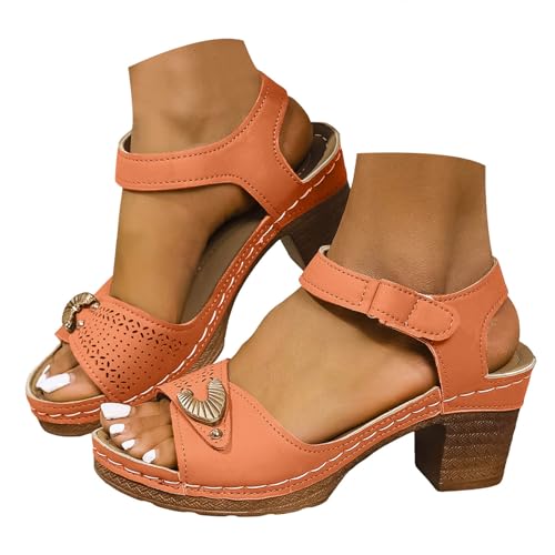 Xbemkste Damen Sandalen mit Absatz Elegant und Bequem High Heels mit Verstellbare Rieme Sandaletten Sommerschuhe Klassische Blockabsatz Sandalen (Orange, 37.5) von Xbemkste
