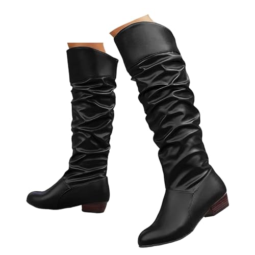 Xbemkste Damen Schlupfen Langschaftstiefel mit Absatz Gekräuselt Hohe aus Leder Runde Zehe Kniehohe Boots Lange Stiefel Elegant Damenstiefel Winterstiefel Western Cowboystiefel (40.5) von Xbemkste