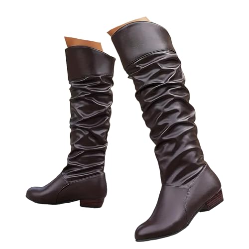 Xbemkste Damen Schlupfen Langschaftstiefel mit Absatz Gekräuselt Hohe aus Leder Runde Zehe Kniehohe Boots Lange Stiefel Elegant Damenstiefel Winterstiefel Western Cowboystiefel (Coffee, 41) von Xbemkste