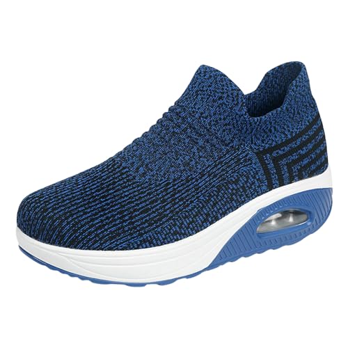 Xbemkste Damen Slip On Sneaker Bequeme Weiche Fliegen Weben Turnschuhe mit Luftkissen Atmungsaktive Freizeitschuhe Damen Laufschuhe Sportlich Schlupfschuhe (Blue, 39) von Xbemkste