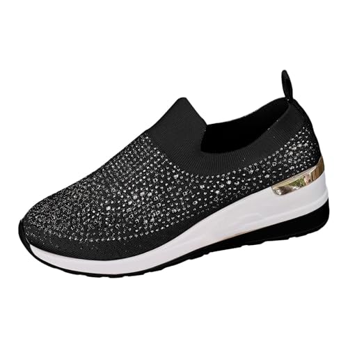 Xbemkste Damen Slip On Sneaker mit Keilabsatz Bequeme Schlupfschuhe mit Strass Glitzer Freizeitschuhe Atmungsaktive Damenschuhe Lässige Walkingschuhe (37.5) von Xbemkste