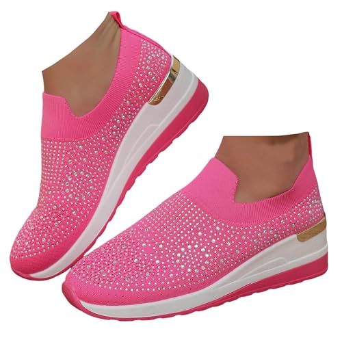 Xbemkste Damen Slip On Sneaker mit Keilabsatz Bequeme Schlupfschuhe mit Strass Glitzer Freizeitschuhe Atmungsaktive Damenschuhe Lässige Walkingschuhe (38.5) von Xbemkste