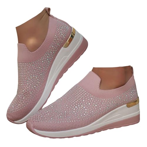 Xbemkste Damen Slip On Sneaker mit Keilabsatz Bequeme Schlupfschuhe mit Strass Glitzer Freizeitschuhe Atmungsaktive Damenschuhe Lässige Walkingschuhe (40.5) von Xbemkste
