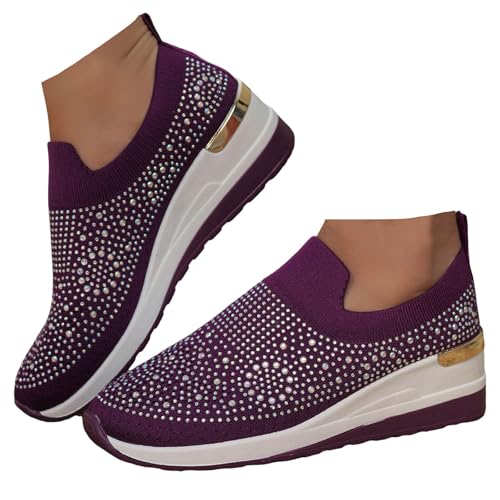 Xbemkste Damen Slip On Sneaker mit Keilabsatz Bequeme Schlupfschuhe mit Strass Glitzer Freizeitschuhe Atmungsaktive Damenschuhe Lässige Walkingschuhe (Dark Purple, 37.5) von Xbemkste