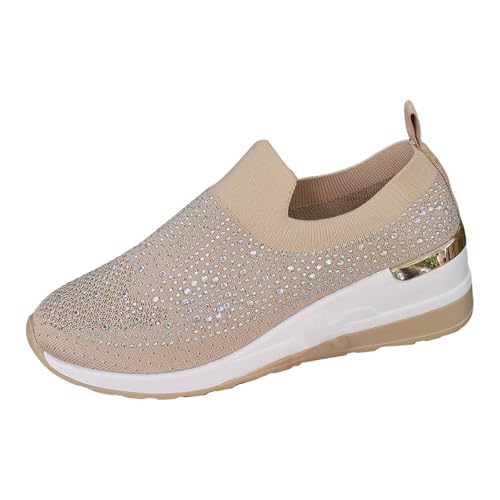 Xbemkste Damen Slip On Sneaker mit Keilabsatz Bequeme Schlupfschuhe mit Strass Glitzer Freizeitschuhe Atmungsaktive Damenschuhe Lässige Walkingschuhe (Khaki, 37) von Xbemkste
