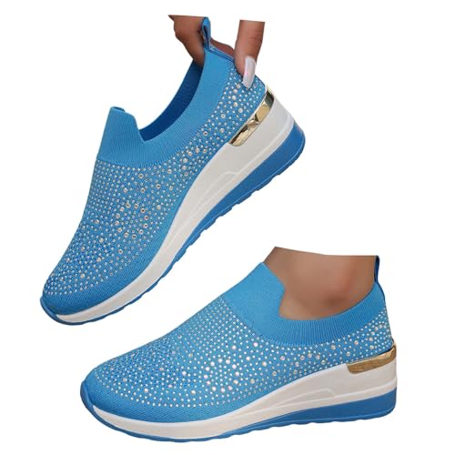 Xbemkste Damen Slip On Sneaker mit Keilabsatz Bequeme Schlupfschuhe mit Strass Glitzer Freizeitschuhe Atmungsaktive Damenschuhe Lässige Walkingschuhe (Sky Blue, 37.5) von Xbemkste