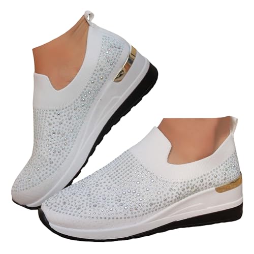 Xbemkste Damen Slip On Sneaker mit Keilabsatz Bequeme Schlupfschuhe mit Strass Glitzer Freizeitschuhe Atmungsaktive Damenschuhe Lässige Walkingschuhe (White, 38.5) von Xbemkste